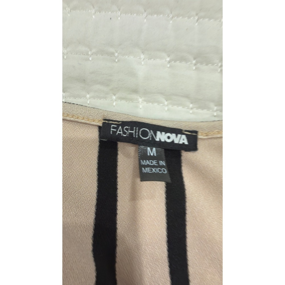 Fashion Nova Tan‎ Black Striped Wide Leg Wrap Jumpsuit Long Sleeve Medium - Picture 2 of 8